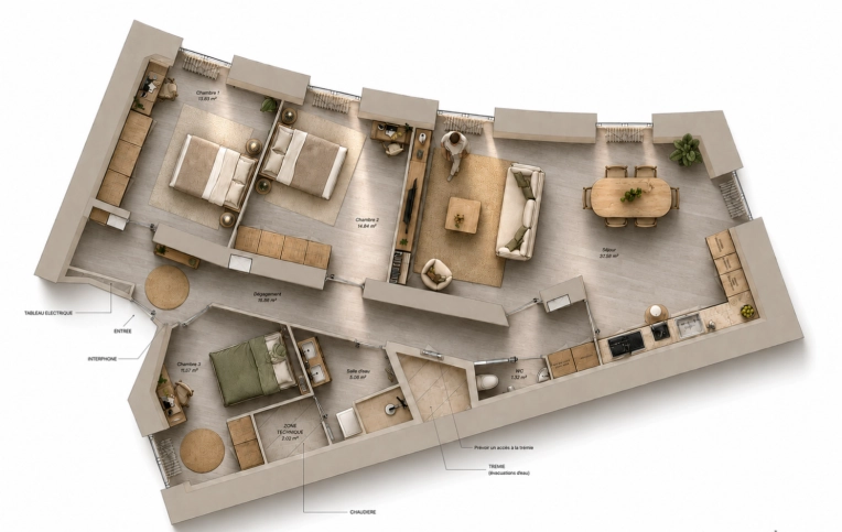 Minimalist, Contemporary, Flats / Apartments, Remote Coaching, 3D ambiance, Plan, Renovation