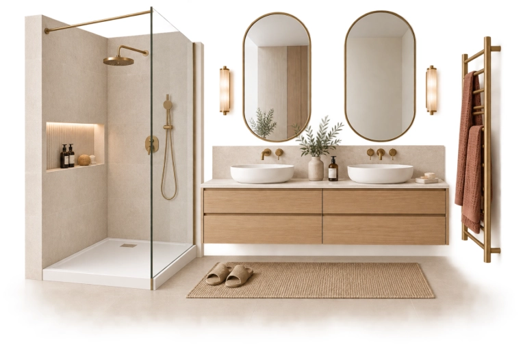 Contemporary, Bathroom, Chic, Consultation Visit, Full Project, Coach shopping, Shopping list, 3D ambiance, Plan, Renovation