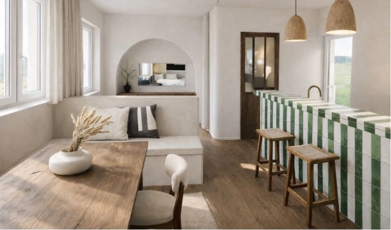 Bohemian, Minimalist, Chic, Nature, Living room, Full Project, Creation of exclusive furniture, 3D ambiance, Plan, Renovation