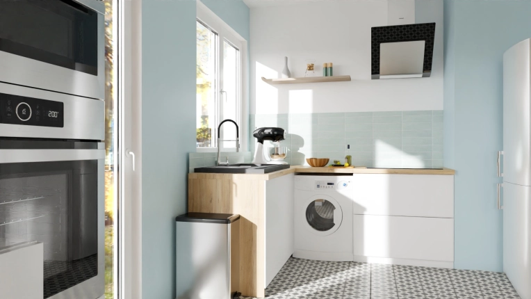 Contemporary, Scandinavian, Kitchen, Full Project, Shopping list, 3D ambiance