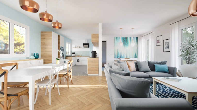 Scandinavian, Vintage, Living room, Full Project, 3D ambiance