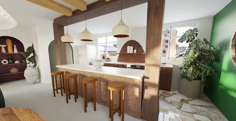 Bohemian, Contemporary, Kitchen, Chic, Nature, Consultation Visit, Full Project, Remote Coaching, Shopping list, 3D ambiance