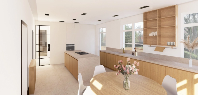 Minimalist, Contemporary, Kitchen, Chic, Nature, Full Project, 3D ambiance, Plan