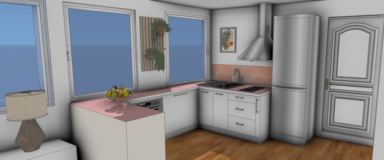 Contemporary, Kitchen, 3D ambiance, Plan