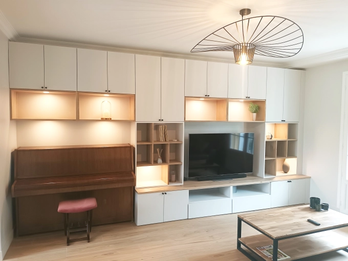 Contemporary, Living room, Consultation Visit, Full Project, Creation of exclusive furniture, Shopping list, 3D ambiance, Plan