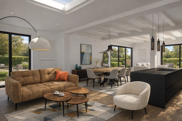 Contemporary, Scandinavian, Chic, Living room, Full Project, 3D ambiance, Plan