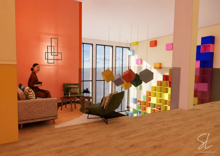 Bohemian, Contemporary, Living room, Shopping list, 3D ambiance, Plan