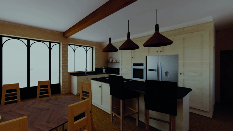 Rustic, Contemporary, Kitchen, Chic, Creation of exclusive furniture, 3D ambiance, Plan