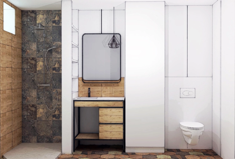 Industrial, Contemporary, Bathroom, Chic, 3D ambiance, Plan