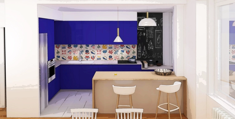 Bohemian, Vintage, Kitchen, Chic, Full Project, Creation of exclusive furniture, 3D ambiance, Plan