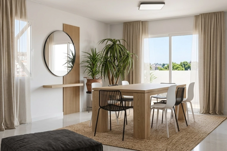 Contemporary, Scandinavian, Nature, Dining room, Home Staging, Shopping list, 3D ambiance, Plan