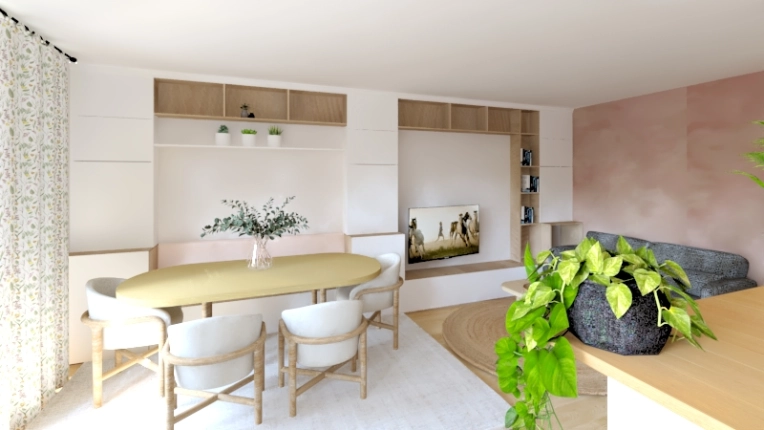 Feng Shui, Dining room, Full Project, Home Staging, Remote Coaching, Creation of exclusive furniture, 3D ambiance, Plan