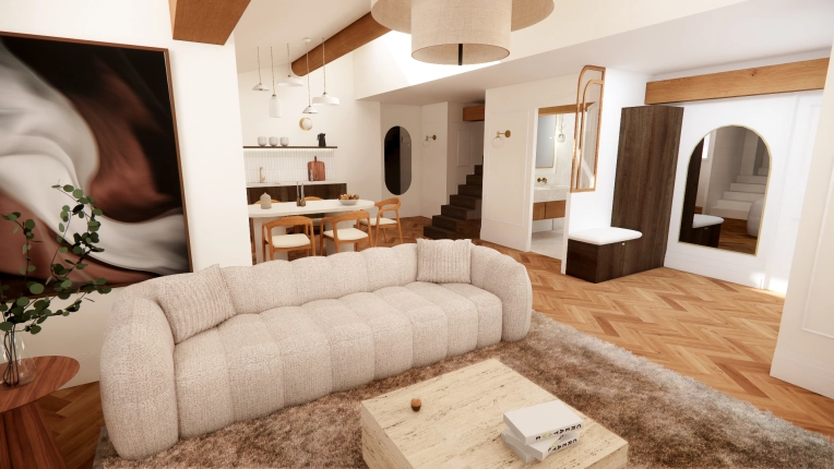 Living room, Full Project, Creation of exclusive furniture, Shopping list, 3D ambiance, Plan, Renovation
