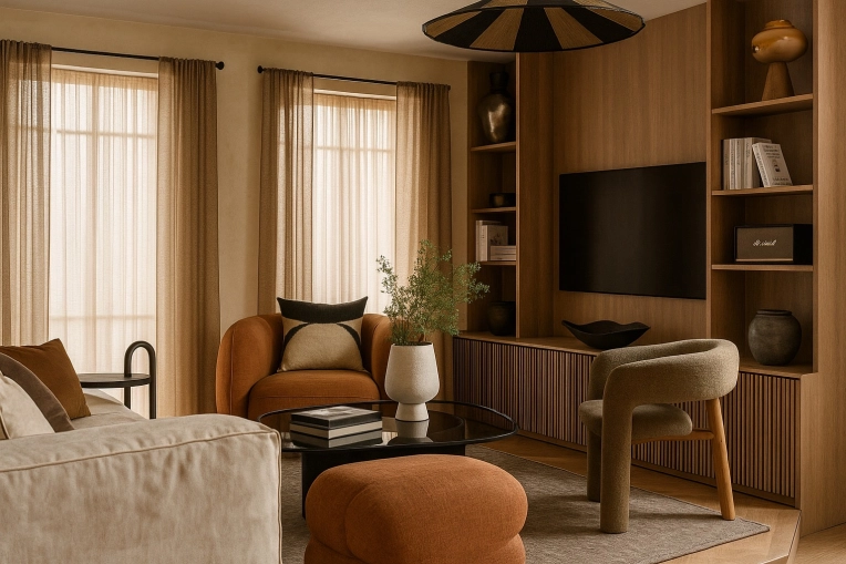 Contemporary, Chic, Living room, Consultation Visit, Full Project, Remote Coaching, Creation of exclusive furniture, 3D ambiance