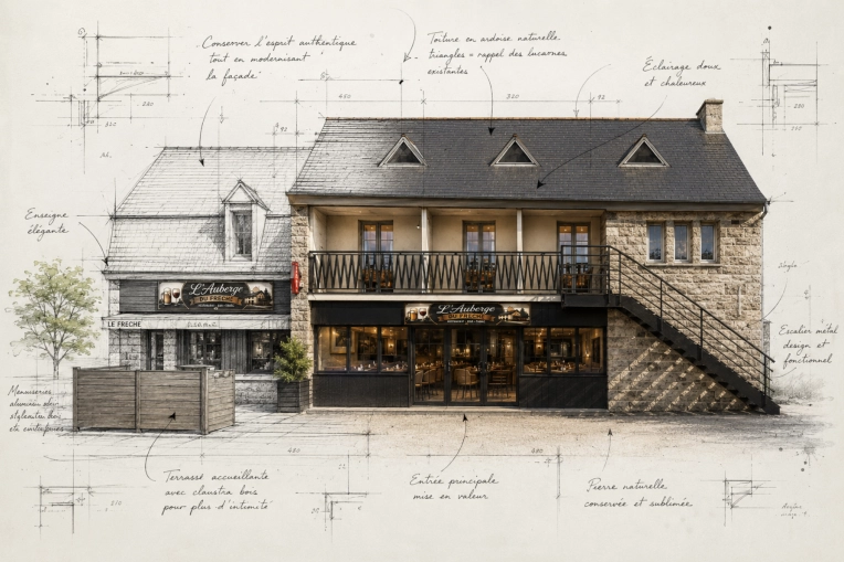 Industrial, Rustic, Restaurant, Vintage, Full Project, 3D ambiance, Plan, Renovation