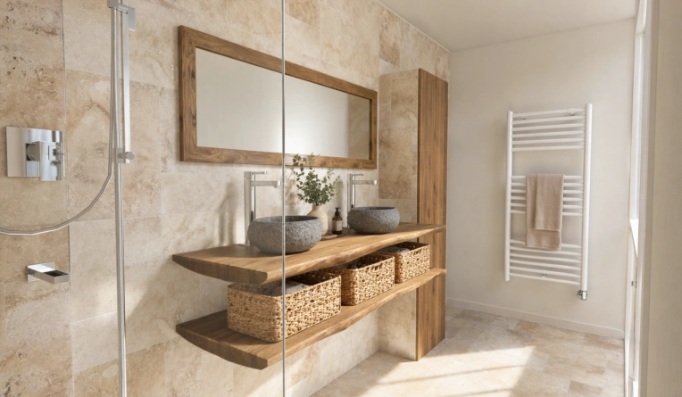 Bohemian, Scandinavian, Bathroom, Chic, Full Project, 3D ambiance, Plan