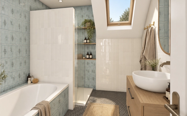 Vintage, Bathroom, Chic, Full Project, 3D ambiance, Plan, Renovation