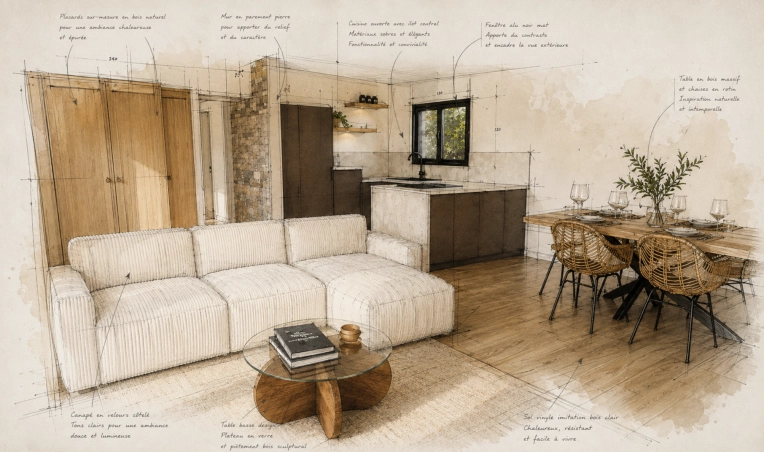 Contemporary, Scandinavian, Chic, Living room, Full Project, 3D ambiance, Plan