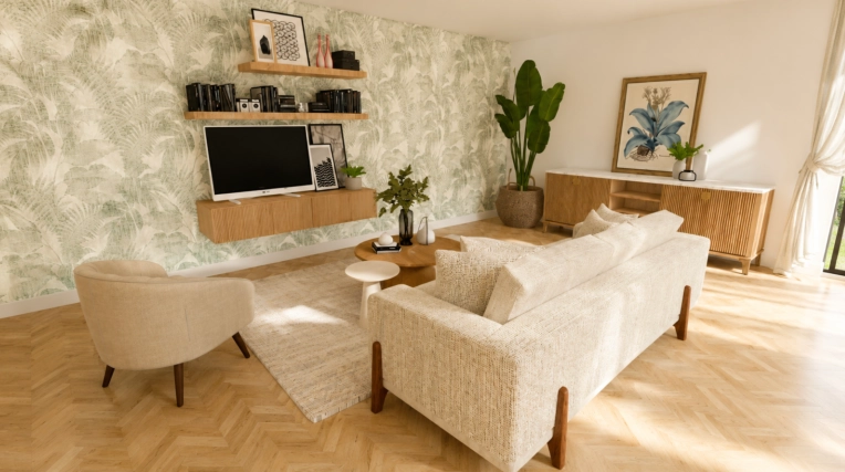 Bohemian, Chic, Nature, Living room, Full Project, 3D ambiance, Plan, Renovation