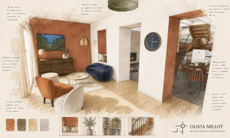 Bohemian, Chic, Living room, Full Project, 3D ambiance, Plan, Renovation
