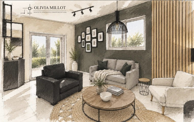 Industrial, Vintage, Chic, Living room, Full Project, 3D ambiance, Plan, Renovation