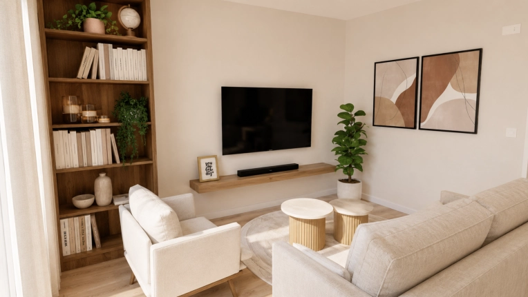 Scandinavian, Chic, Living room, Full Project, 3D ambiance, Plan, Renovation