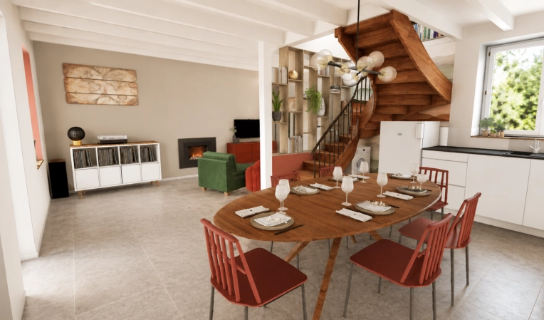 Bohemian, Vintage, Chic, Dining room, Full Project, 3D ambiance, Plan, Renovation