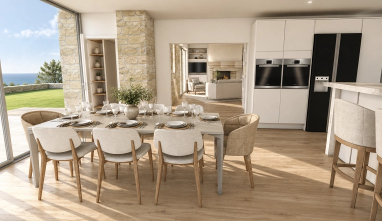 Rustic, Contemporary, Scandinavian, Chic, Dining room, Full Project, 3D ambiance, Plan, Renovation