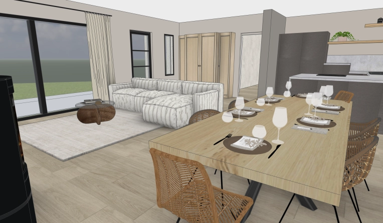 Contemporary, Scandinavian, Chic, Dining room, Full Project, 3D ambiance, Plan