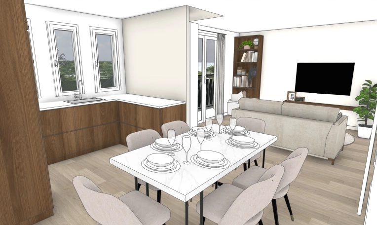 Contemporary, Scandinavian, Chic, Dining room, Full Project, 3D ambiance, Plan, Renovation
