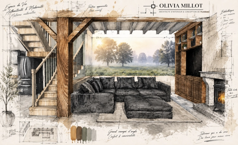 Rustic, Vintage, Chic, Living room, Full Project, 3D ambiance, Plan, Renovation