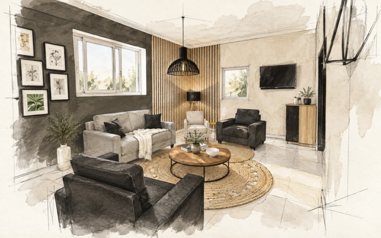 Industrial, Rustic, Contemporary, Chic, Living room, Full Project, 3D ambiance, Plan, Renovation