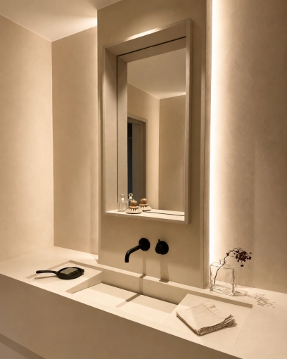 Minimalist, Contemporary, Bathroom, Chic, Wabi-sabi, Full Project, Creation of exclusive furniture, Plan, Renovation, Layout
