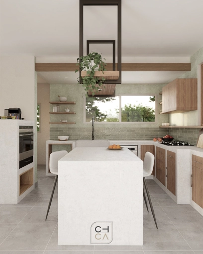 Bohemian, Kitchen, Nature, 3D ambiance, Plan, Layout
