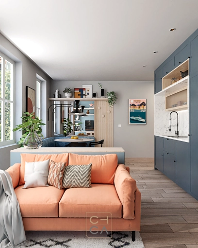 Bohemian, Contemporary, Tiny house, Creation of exclusive furniture, 3D ambiance, Plan, Layout