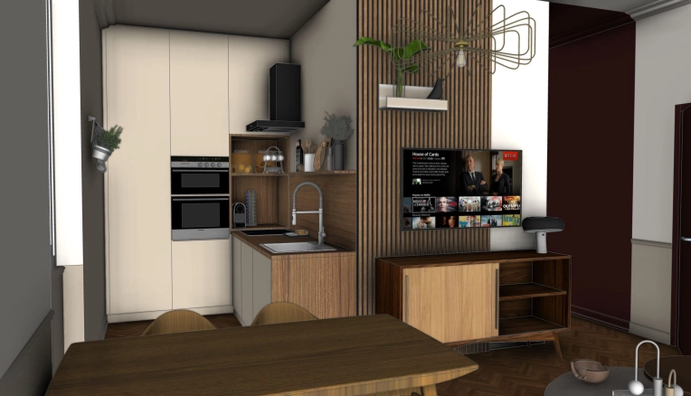 Kitchen, 3D ambiance, Plan, Layout