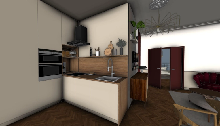 Kitchen, 3D ambiance, Plan, Layout