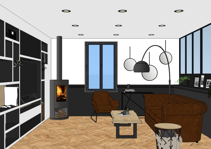 Industrial, Living room, 3D ambiance, Plan, Layout