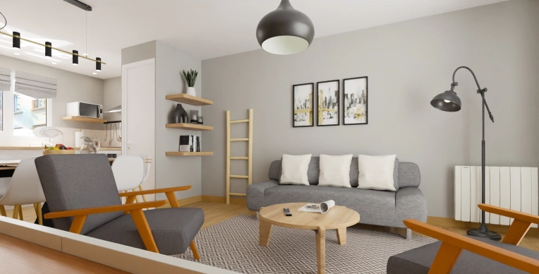 Contemporary, Scandinavian, Living room, Home Staging, Remote Coaching, 3D ambiance, Plan